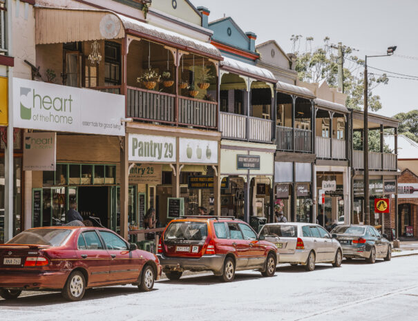 Bangalow Village main street lined with retail stores.